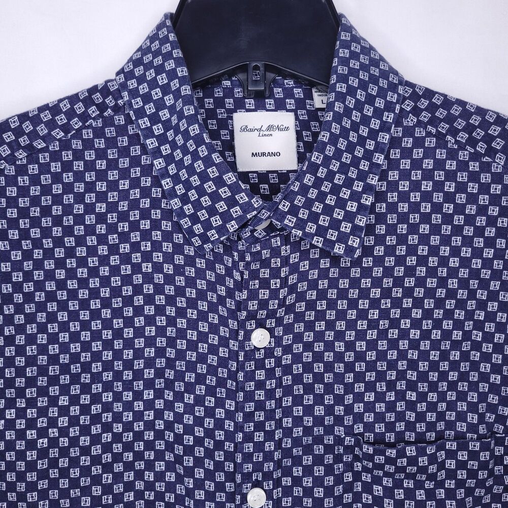 Baird McNutt Linen Shirt Mens Large Navy Geometric Murano